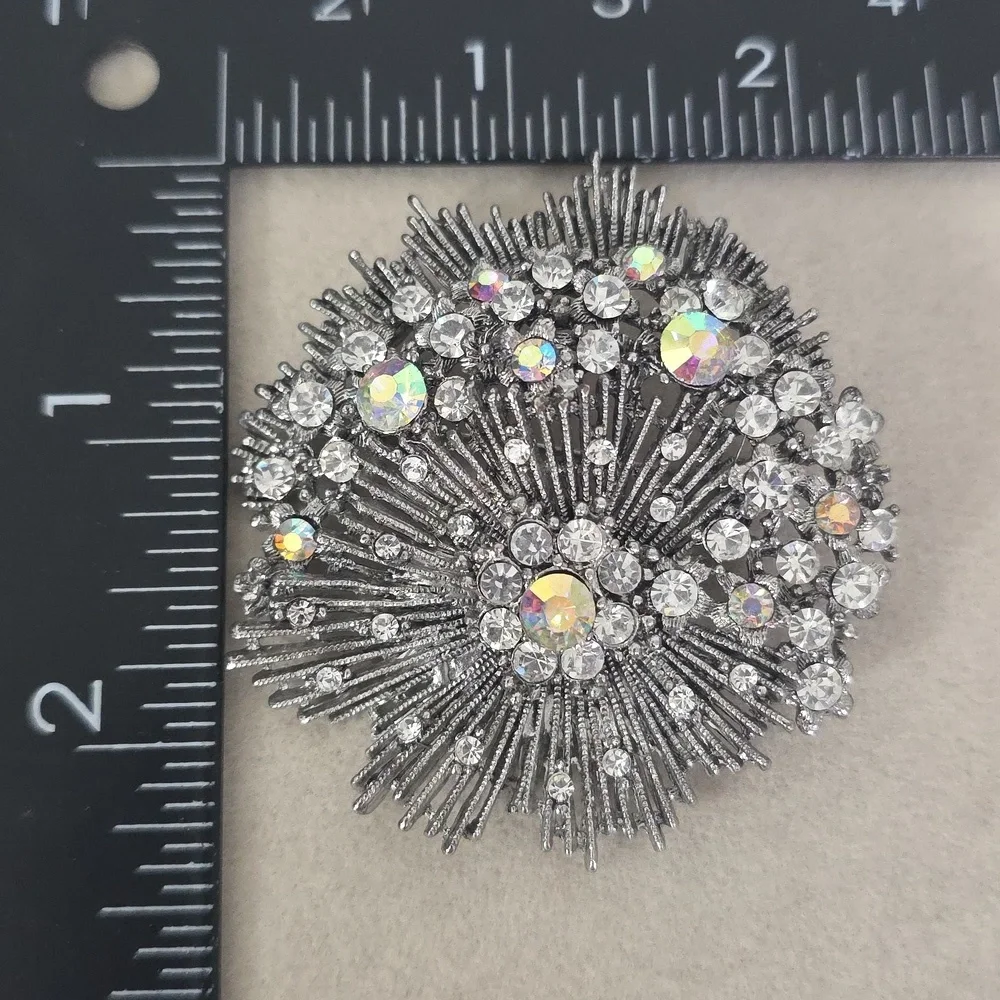Vintage Silver Starburst Brooch Pin with Crystal Accents